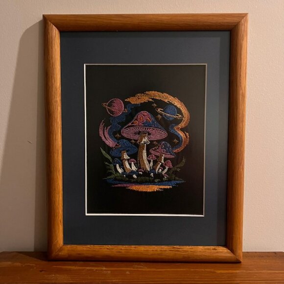 Homemade Mushroom In Space Multicolored Framed Embroidery Art - Picture 2 of 6